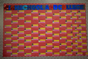 school bulletin board with high school and college names